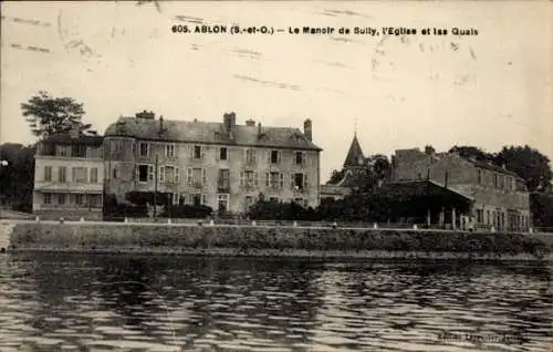 Ak Ablon Calvados, Le Manoir de Sully, die Kirche, die Kais