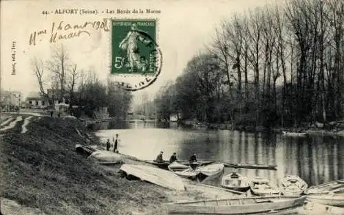 Ak Lagny sur Marne Seine et Marne, Blick auf die Marne, Boote am Ufer, Bäume, Poststempel