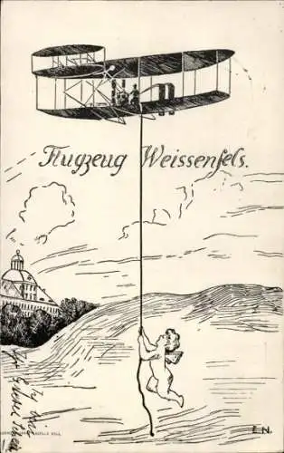 Künstler Ak Flugzeug Weißenfels, Doppeldecker, Engel hält Seil fest