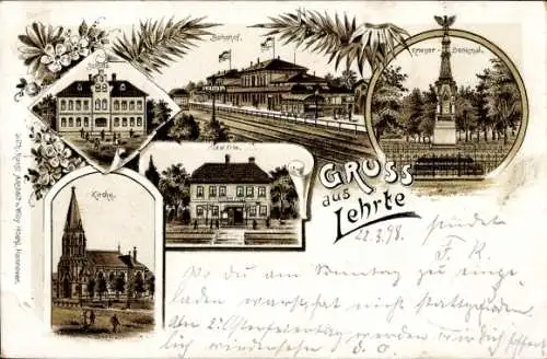 Litho Lehrte in Niedersachsen, Bahnhof, Krieger Denkmal, Hotel Frie, Kirche
