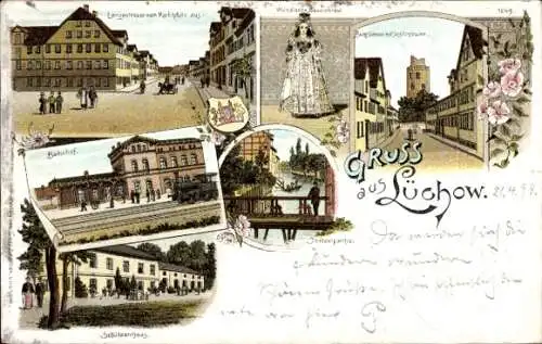 Litho Lüchow im Wendland, Wendische Bauernbraut, Bahnhof, Schützenhaus, Schloss