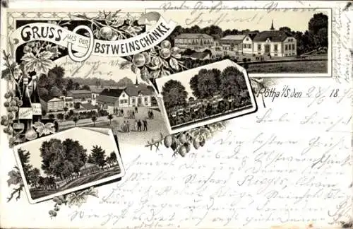Vorläufer Litho Rötha in Sachsen, Obstweinschänke, Panorama vom Ort, 1895