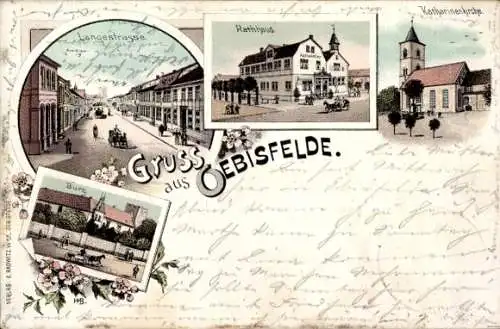 Litho Oebisfelde Altmark, Burg, Langestraße, Rathaus
