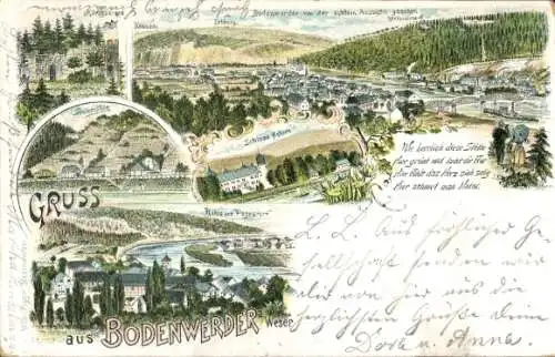 Litho Bodenwerder in Niedersachsen, Schloss Hehlen, Königszinne, Steinmühle, Eckberg, Pegestorf