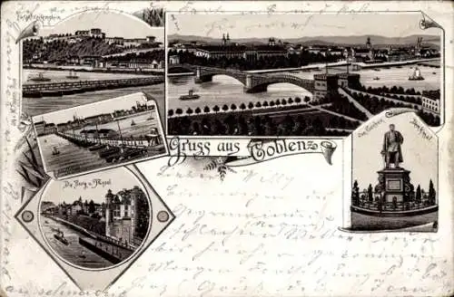 Litho Koblenz am Rhein, Brücke, Denkmal, Burg