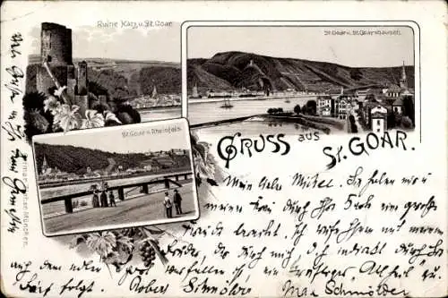 Litho St. Goar im Rhein Hunsrück Kreis, Ruine Katz, Rheinfels, St. Goarshausen 