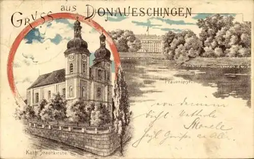 Litho Donaueschingen im Schwarzwald, katholische Stadtkirche, Pfaueninsel