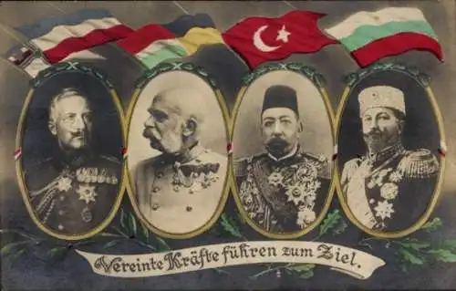 Ak Kaiser Wilhelm II., Kaiser Franz Joseph I., Sultan Mehmed V., Ferdinand I. von Bulgarien, I. WK