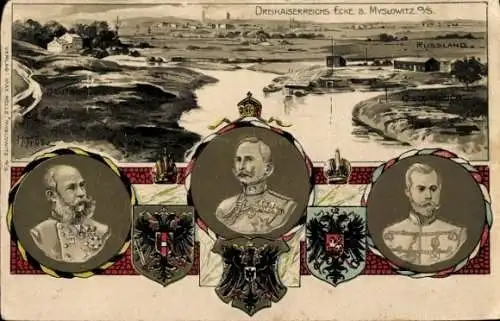 Litho Trübe, Mysłowice Myslowitz, Dreikaiserreichsecke, Nikolaus II, Wilhelm II, Franz Josef I.