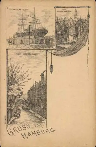 Litho Hamburg Mitte Neustadt, Steamer im Dock, Fleet, Bleichenbrücke