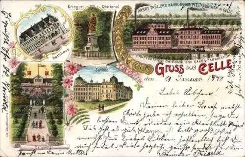 Litho Celle in Niedersachsen, Rathaus, Schloss, Denkmal, Berggarten, Nahrungsmittel Fabrik