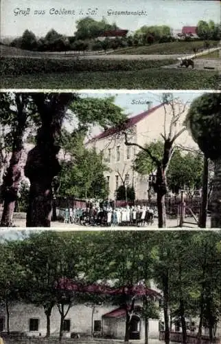 Ak Coblenz Göda in der Oberlausitz, Gesamtansicht, Schule