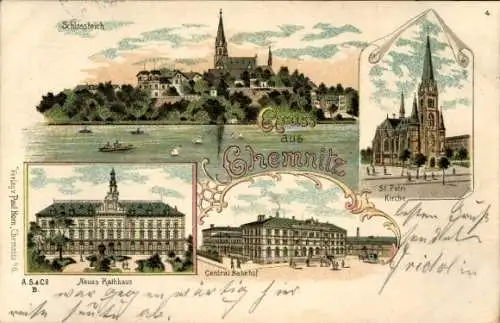 Litho Chemnitz in Sachsen, Bahnhof, neues Rathaus, Schlossteich, St. Petri Kirche