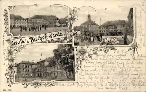 Ak Bischofswerda in Sachsen, Historische Gebäude, Menschen beim Flanieren, Blumenrandelemente
