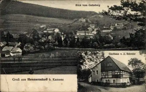 Ak Hennersdorf Kamenz Sachsen, Blick vom Galksberg, Gasthaus v. A. Schreier, Gruß aus Hennersdorf