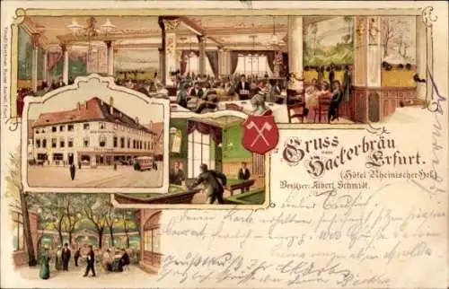 Litho Erfurt in Thüringen, Hackerbräu, Hotel Rheinischer Hof, Billard Tisch, Wappen