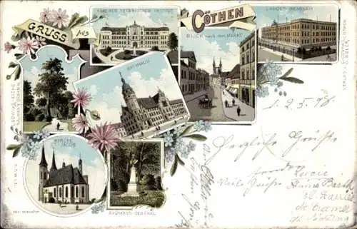 Litho Köthen in Anhalt, Naumann Denkmal, Landesseminar, Höheres Technisches Institut, Ludwig Eiche