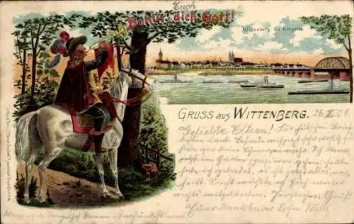 Litho Lutherstadt Wittenberg, Stadt an der Elbe, Brücke, Trompeter zu Pferd