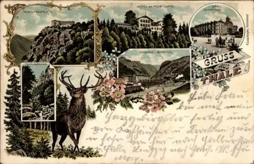 Litho Thale im Harz, Hotel zur Rosstrappe, Hotel Zehnpfund, Teufelsbrücke, Hexentanzplatz, Hirsch
