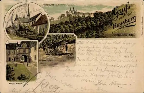 Litho Huy Sachsen Anhalt, Huysburg von der Teufelskanzel, Klosterkirche, Klostertor, Danneilshöhle