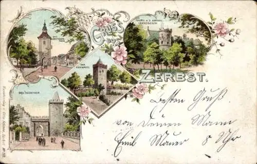 Litho Zerbst in Anhalt, Breitestraße Tor, Kiekinpott, Heidetor, Herzogl. Francisceum