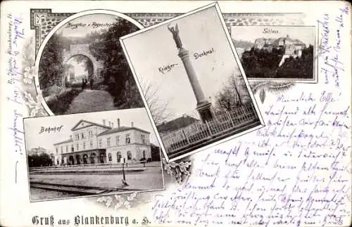 Ak Blankenburg am Harz, Burgtor Regenstein, Schloss, Kriegerdenkmal, Bahnhof Gleisseite
