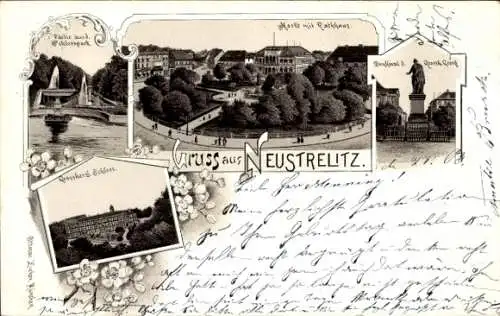 Litho Neustrelitz in Mecklenburg, Markt, Rathaus, Denkmal, Großherzogliches Schloss, Schlosspark