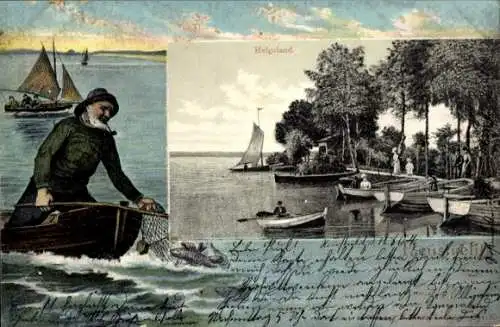 Passepartout Ak Neustrelitz in Mecklenburg, Helgoland, Ruderboote, Fischer mit Netz
