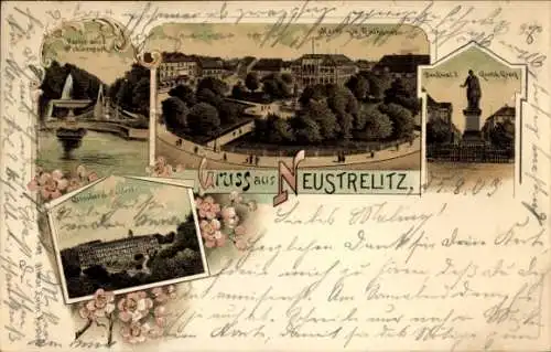 Litho Neustrelitz in Mecklenburg, Markt, Rathaus, Denkmal, Großherzogliches Schloss, Schlosspark