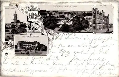 Litho Neustrelitz Mecklenburg, Stadtkirche, Marktplatz, Rathaus, Kaserne, Großherzogliches Schloss
