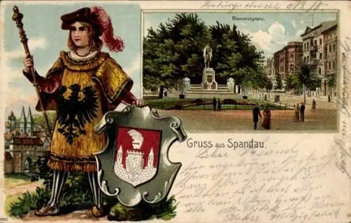 Präge Wappen Passepartout Litho Berlin Spandau, Bismarckplatz, Denkmal