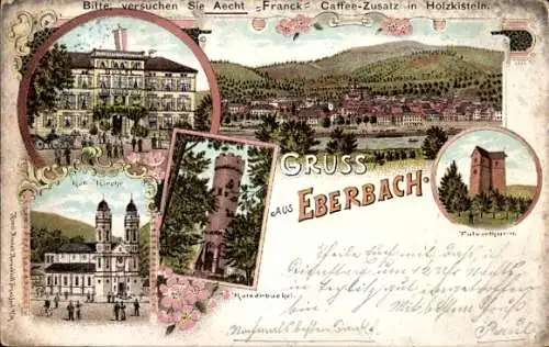 Litho Eberbach am Neckar Odenwald Baden, Kath. Kirche, Hotel, Katzenbuckel, Pulverturm