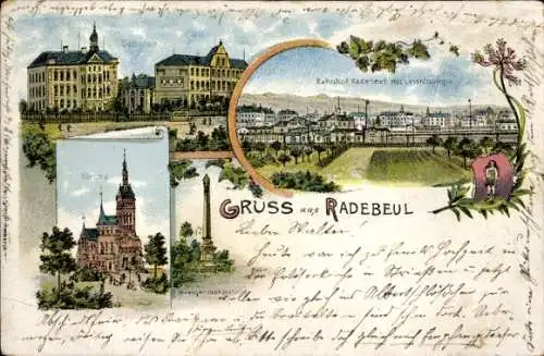 Litho Radebeul in Sachsen, Schulen, Bahnhof mit Lössnitzbergen, Kirche
