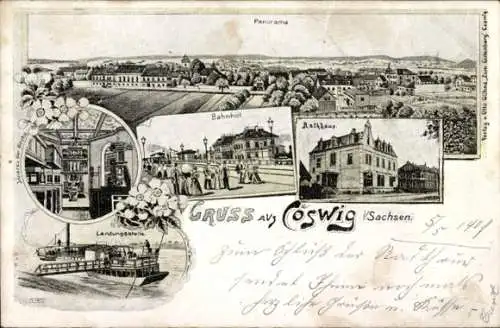 Litho Coswig in Sachsen, Gesamtansicht, Bahnhof, Rathaus, Landungsstelle