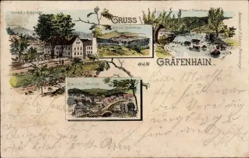 Litho Gräfenhain Königsbrück in Sachsen, Gasthof zum Erbgericht, Tiefenthal, Keulenberg