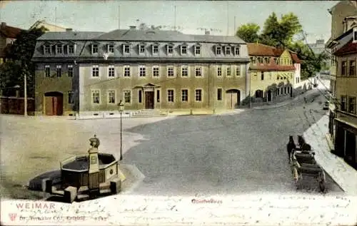 Ak Weimar in Thüringen, Goethehaus, historische Gebäude, Pferdewagen, Straßenszene