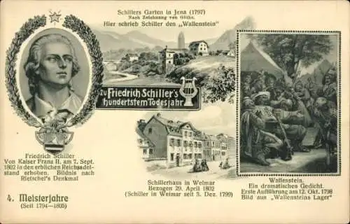 Künstler Ak Dichter Friedrich Schiller, Haus in Weimar, Garten in Jena, Wallenstein, Portrait