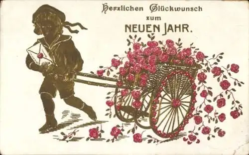 Präge Ak Neujahr, Junge mit Handwagen, Rosen, Brief