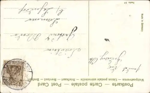 Präge Ak Neujahr, Junge mit Handwagen, Rosen, Brief