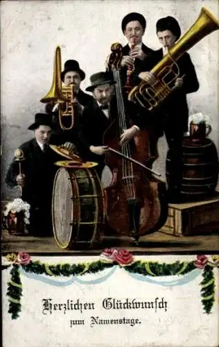 Ak Herzlichen Glückwunsch zum Namenstag, Männer mit Musikinstrumenten
