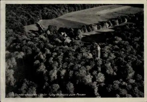 Ak Sondershausen im Kyffhäuserkreis Thüringen, Luftaufnahme, Jagdschloss zum Possen, Wald, Buchen