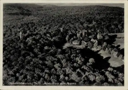 Ak Sondershausen im Kyffhäuserkreis Thüringen, Luftaufnahme, Jagdschloss Zum Possen, Wald, Natur