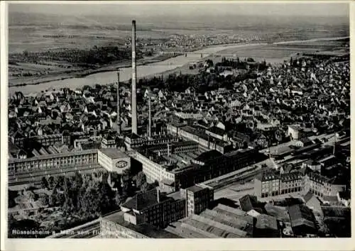 Ak Rüsselsheim am Main Hessen, Luftaufnahme von  Main, Fabrikgebäude, OPE