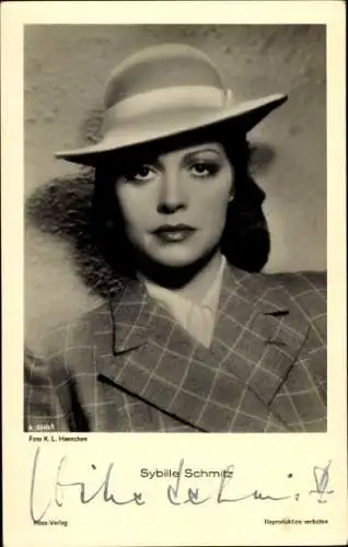 Ak Schauspielerin Sybille Schmitz, Portrait, Hut, Autogramm
