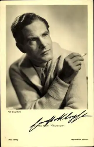 Ak Schauspieler Ernst von Klipstein, Portrait mit Zigarette, Ross Verlag A 3328 1, Autogramm