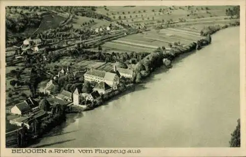 Ak Beuggen Rheinfelden in Baden, Luftaufnahme der Landschaft, Rheinfluss, Gebäude, Bäume, Felder