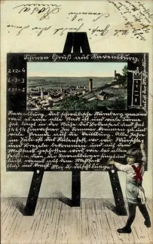Passepartout Ak Ravensburg in Württemberg Oberschwaben, Gesamtansicht, Kind mit Tafel