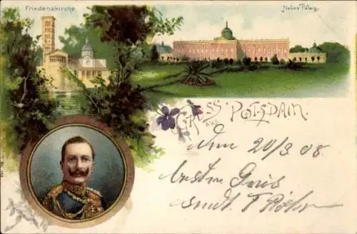 Litho Potsdam, Neues Palais, Kaiserportrait, Friedenskirche