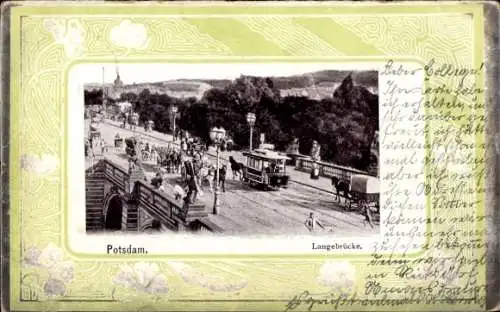 Präge Passepartout Ak Potsdam, Verkehr auf der Langebrücke, Pferdebahn