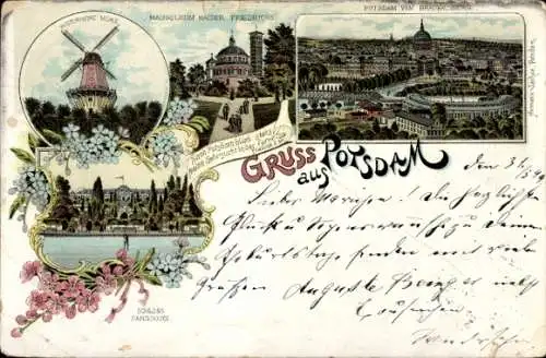Litho Potsdam, Schloß Sanssouci, historische Mühle, Mausoleum, Stadtbild